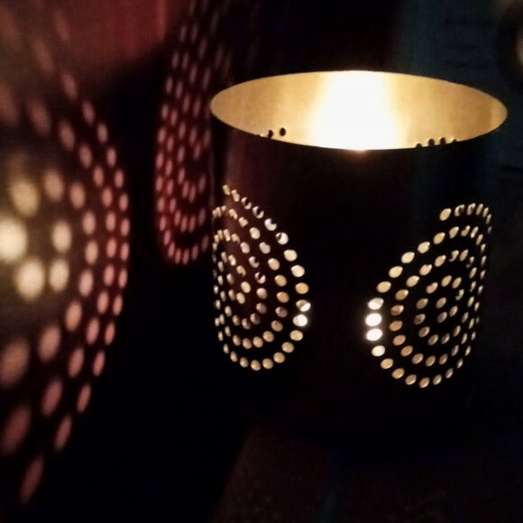 Artsy Silver Metal Cylindrical Candle Holder w/Punched holes in Spiral Designs - Picture 7 of 9
